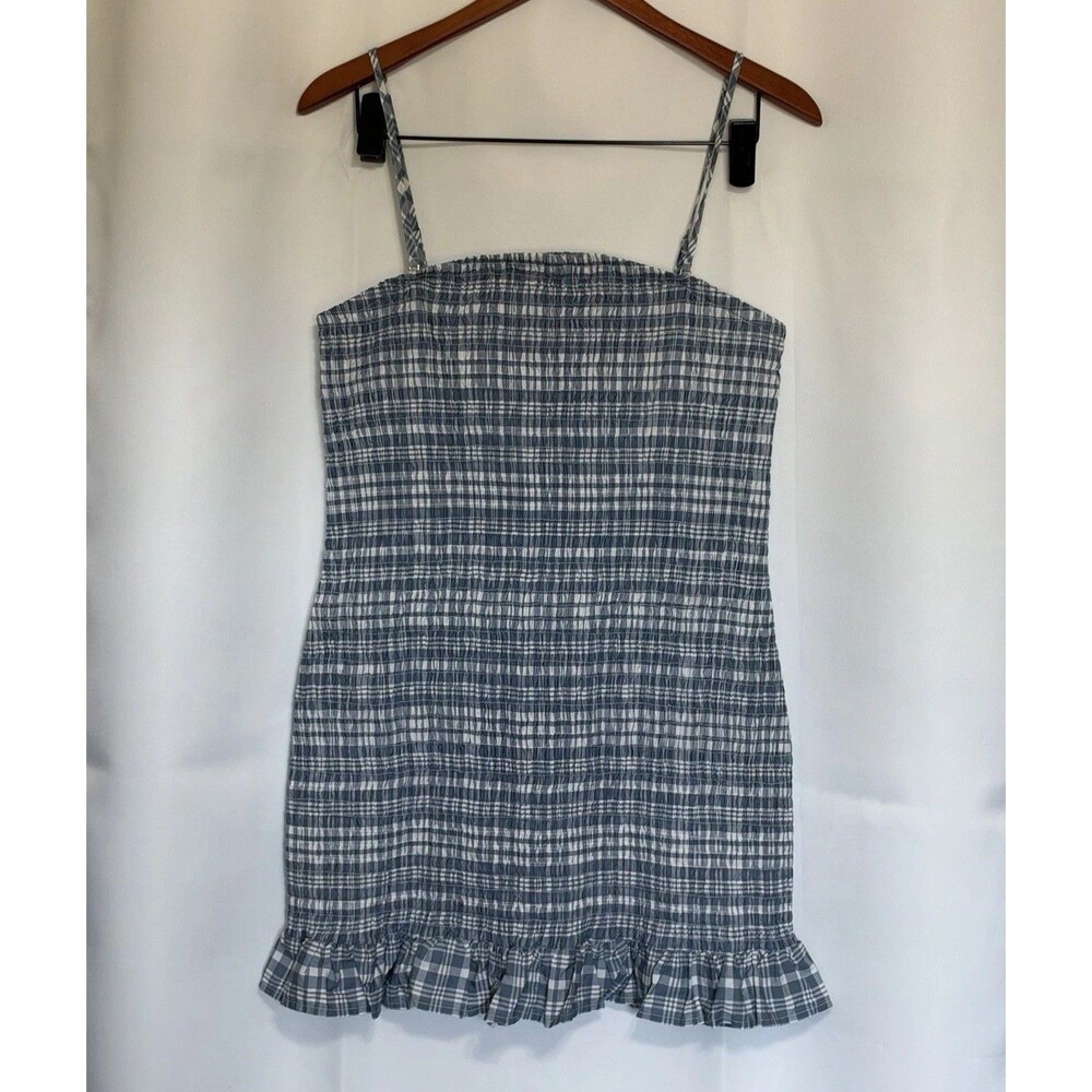 Wild Fable Large Blue Plaid Smocked Mini Dress Sleeveless Cottage core - NEW!